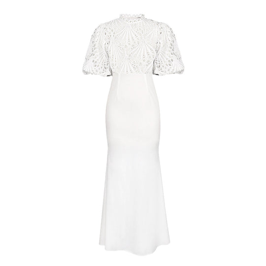 Damen Elegantes Maxikleid mit Spitzenoberteil und voluminösen Ärmeln EB