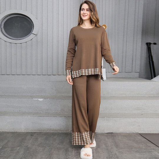 Damen stilvolles Strick-Loungewear-Set mit dekorativen Kontrastabschlüssen EB