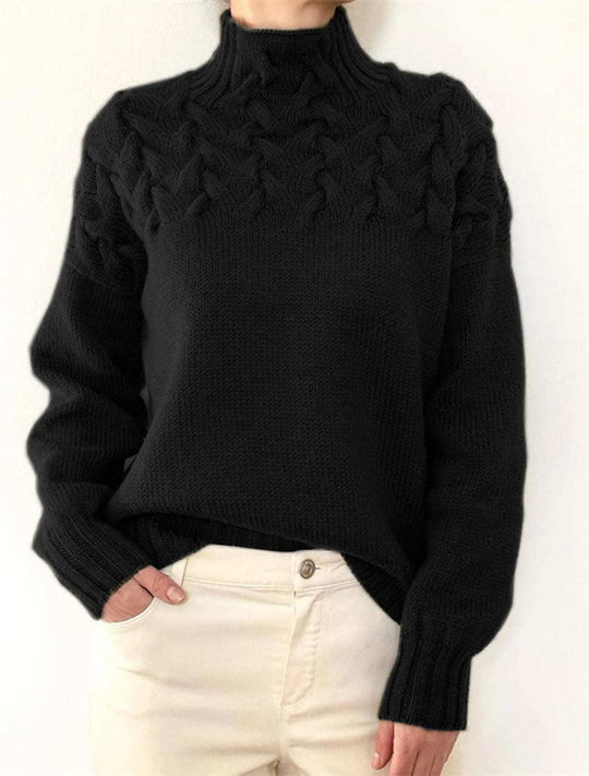 Damen Strickpullover mit dekorativem Zopfmuster und hohem Kragen EB