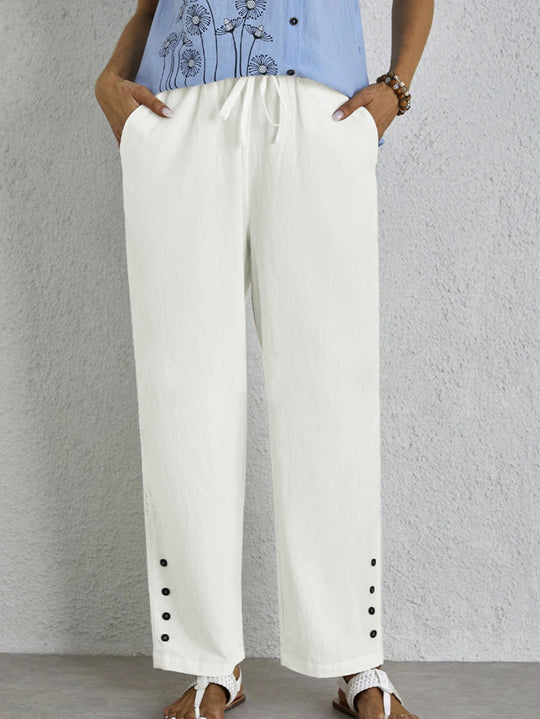 Damen lockere Freizeithose mit elastischem Bund und dekorativen Knopfdetails EB