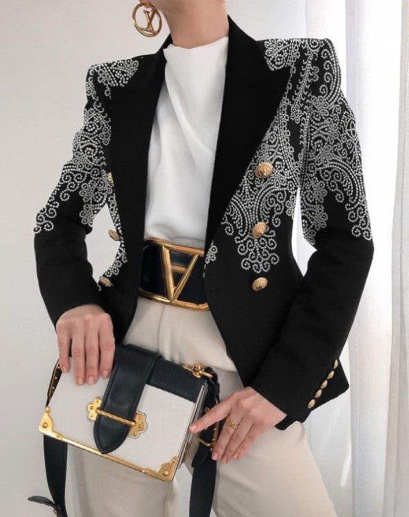 Damen Taillierter Doppelreihiger Blazer mit markanter Schulter, Goldknöpfen und Glitzer-Ombré EB