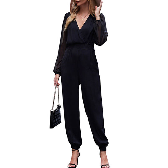 Damen Elegant-geschnittener Wickel-Jumpsuit mit transparenten Armvolants, tailliertem Bund und schmalem Bein EB