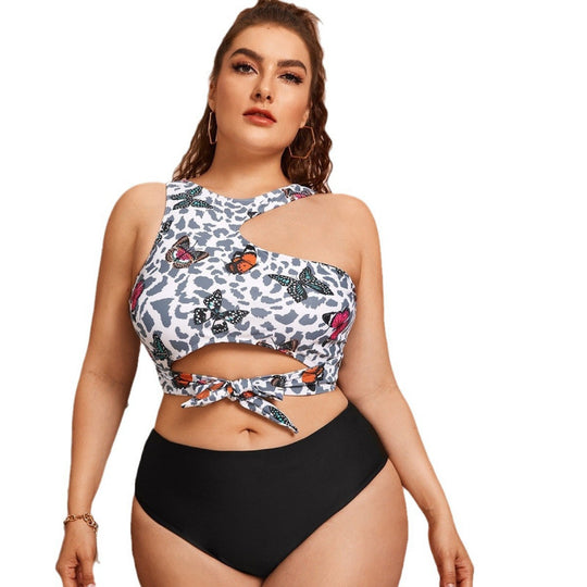 Damen Cut-Out Bikini mit modischem Blütenmuster und hohem Taillen-Slip EB