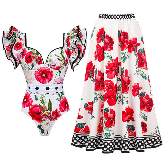 Damen Badeanzug mit Rüschendetails und floralem Überrock EB