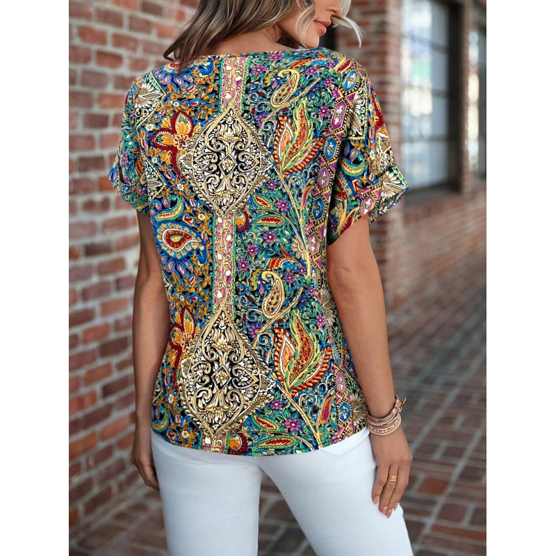 Damen Kurzarm Bluse mit buntem Druck und V-Ausschnitt EB