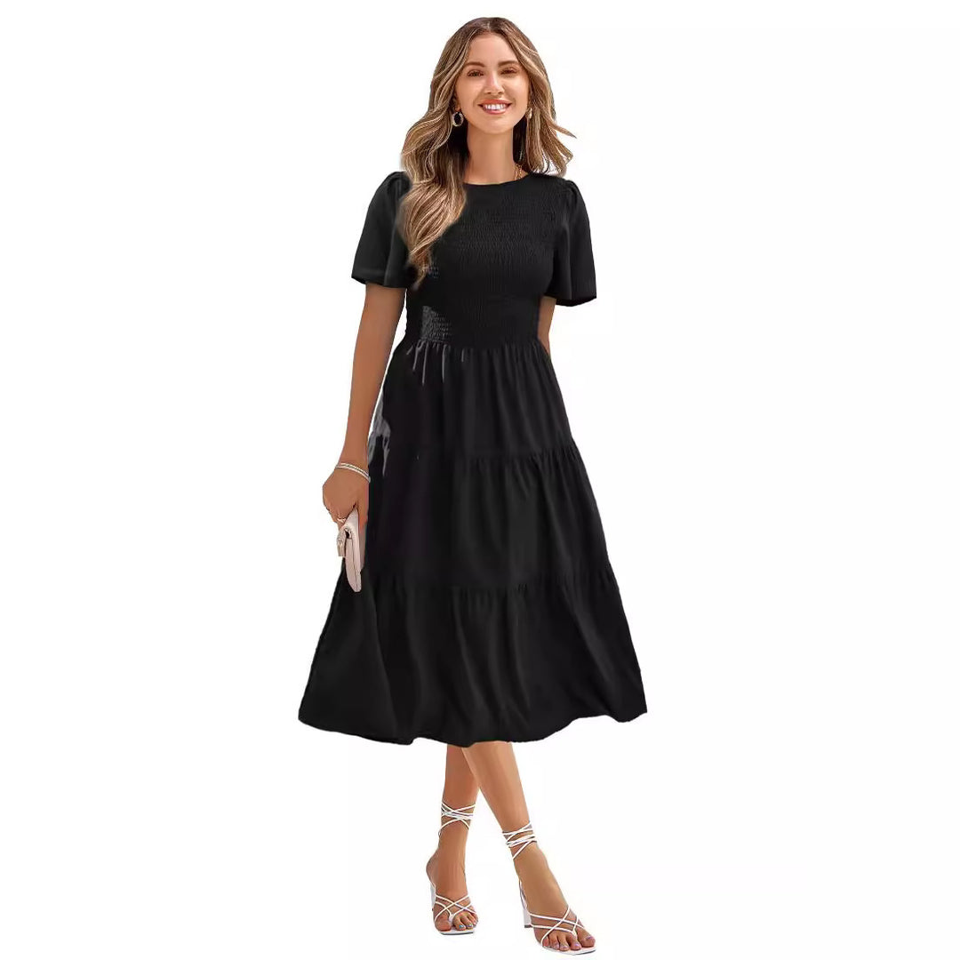 Damen Langes Wickelkleid mit elastischem Taillenbund und kurzen Ärmeln EB