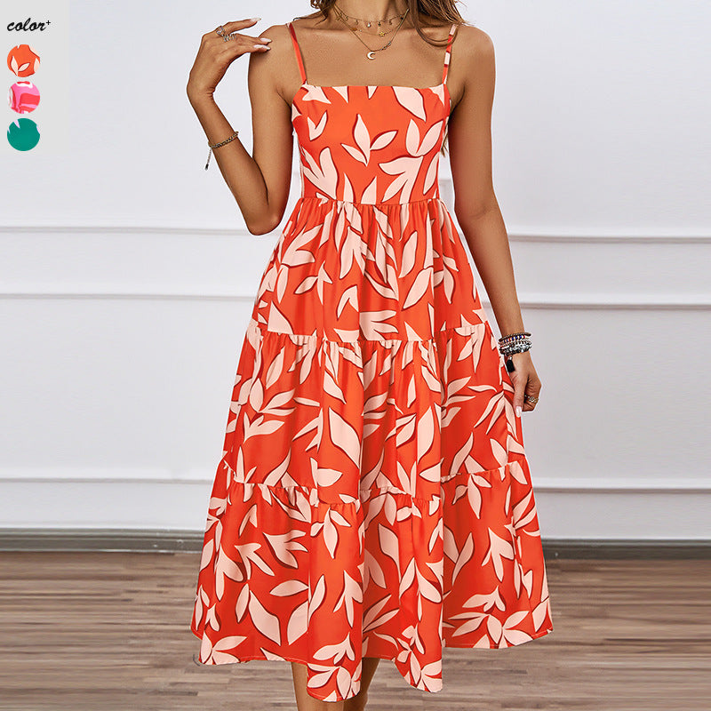 Damen Midi Kleid mit fließendem Rock und verspieltem Blattmuster EB