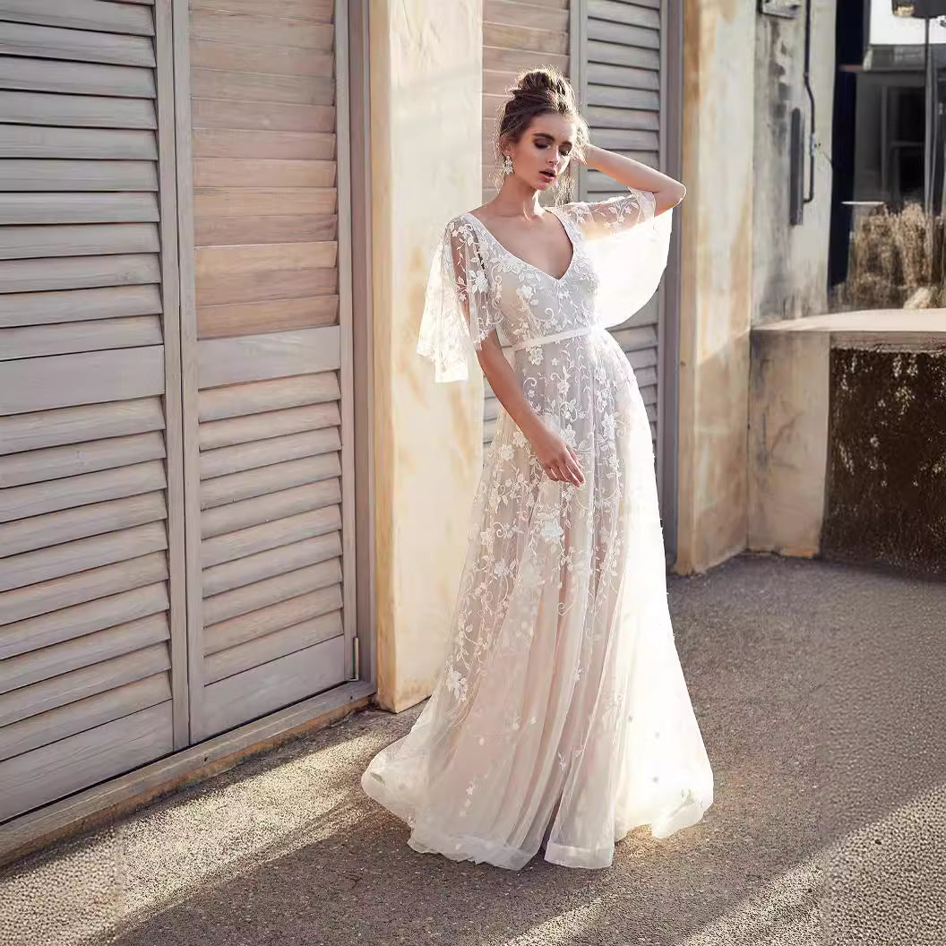 Damen Elegantes Maxikleid mit floralem Spitzenmuster und sanften Ärmeln EB