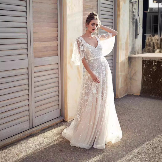 Damen Elegantes Maxikleid mit floralem Spitzenmuster und sanften Ärmeln EB