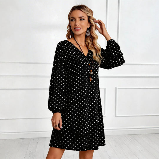 Damen Lockeres Tupfen‑Minikleid mit V‑Ausschnitt, Ballonärmeln und schwingender A‑Linie EB