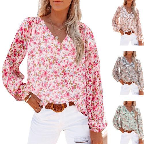 Damen Bluse mit floralen Mustern und V-Ausschnitt EB