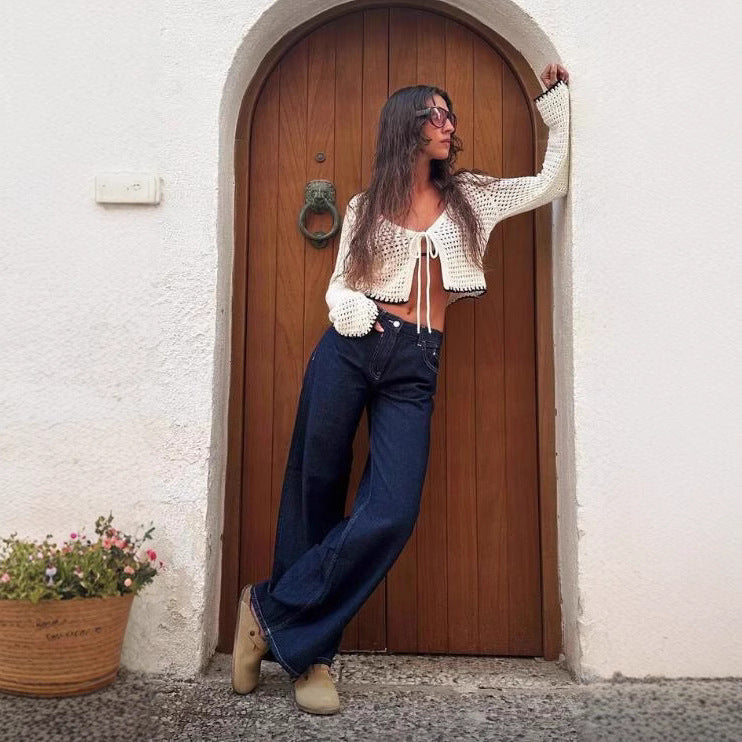 Damen nan ultraweite bodenlange Denim-Palazzohose mit cleanem Taschen-Schnitt und leichter Stretchwirkung EB
