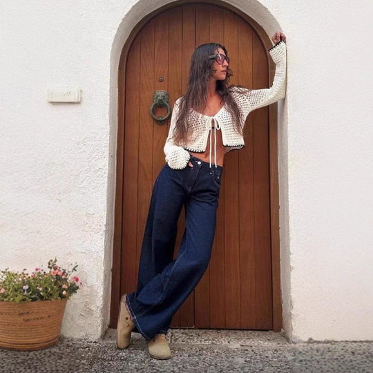 Damen nan ultraweite bodenlange Denim-Palazzohose mit cleanem Taschen-Schnitt und leichter Stretchwirkung EB