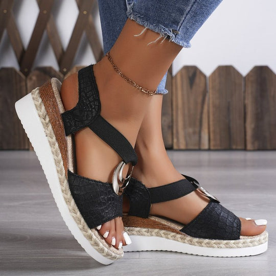 Damen Keil-Sandalen mit Bast-Plateau, elastischem Riemen und Zier-Öse EB