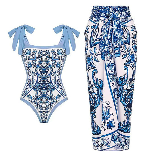 Damen Badeanzug mit floralem Druck und passendem Wickelrock EB