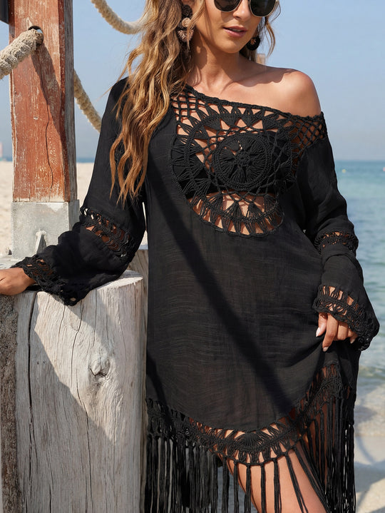 Damen, eleganter Strandüberwurf mit gehäkeltem Muster und Quasten EB