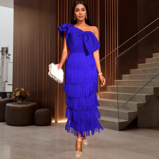Damen Cocktailkleid mit voluminösem Rüschendesign und Fransen EB