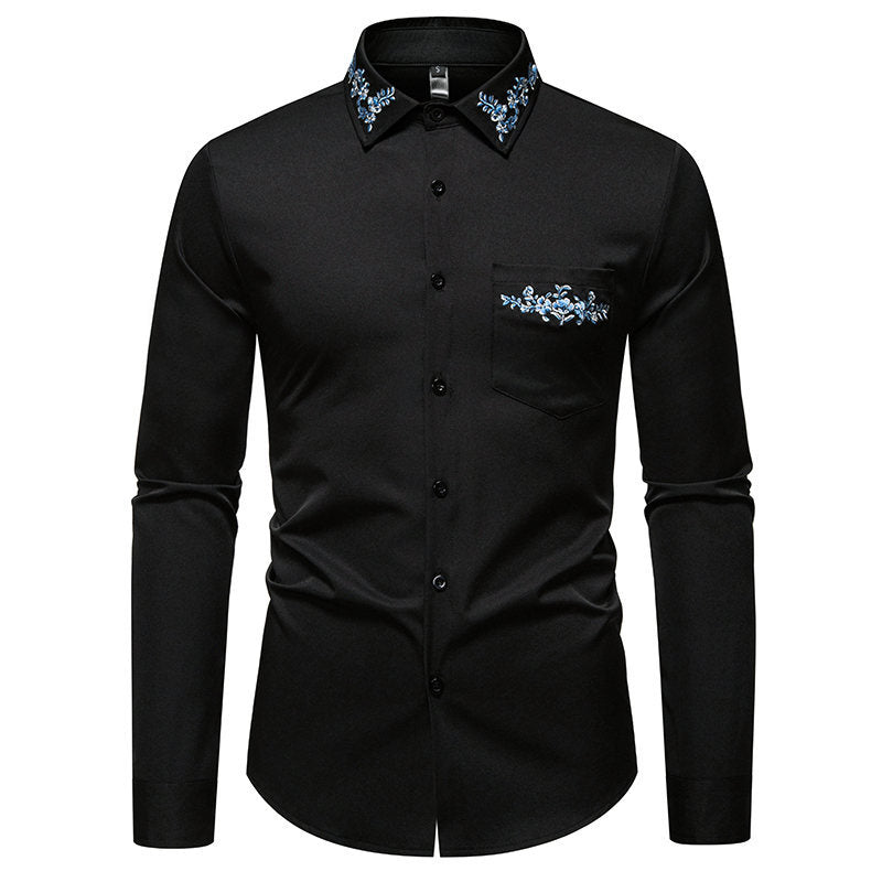 Herren Langarmhemd mit eleganter Blumenstickerei und modernem Kragen EB