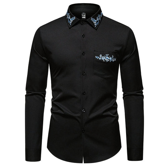 Herren Langarmhemd mit eleganter Blumenstickerei und modernem Kragen EB