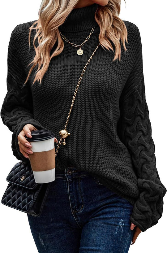 Damen Grobstrickpullover mit modernem Zopfdesign und hohem Kragen EB