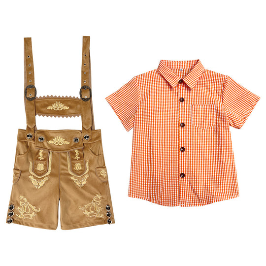 Unisex nan traditionelles Kinder Trachten-Set Lederhose mit Stickerei und kariertem Hemd EB