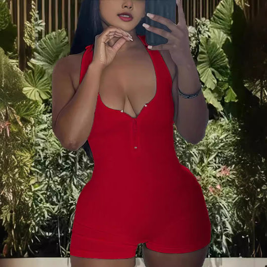 Damen Jumpsuit mit tiefem V-Ausschnitt und Reißverschluss EB