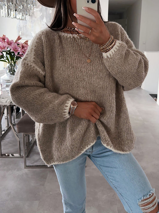 Damen Grobstrickpullover mit kontrastierendem Abschluss und lockerem Schnitt EB