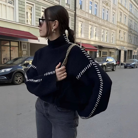 Damen nan Grobstrick-Oversize-Pullover mit hoher Rollkragenkante und Zierstich-Ärmeln EB