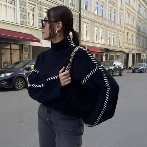 Damen nan Grobstrick-Oversize-Pullover mit hoher Rollkragenkante und Zierstich-Ärmeln EB