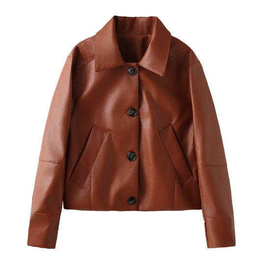 Damen elegante Kunstlederjacke mit moderner Silhouette und praktischen Taschen EB