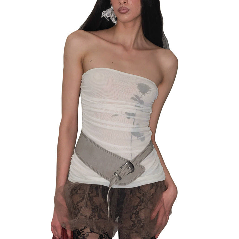 Damen Bandeau-Top mit Raffung und transparentem Stoff EB