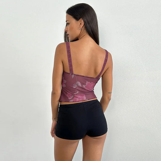 Damen zartes Spaghetti-Träger-Top mit floralem Muster und Spitzenverzierung EB