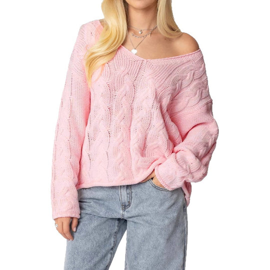 Damen Grobstrickpullover mit tiefem V-Ausschnitt und lässiger Silhouette EB