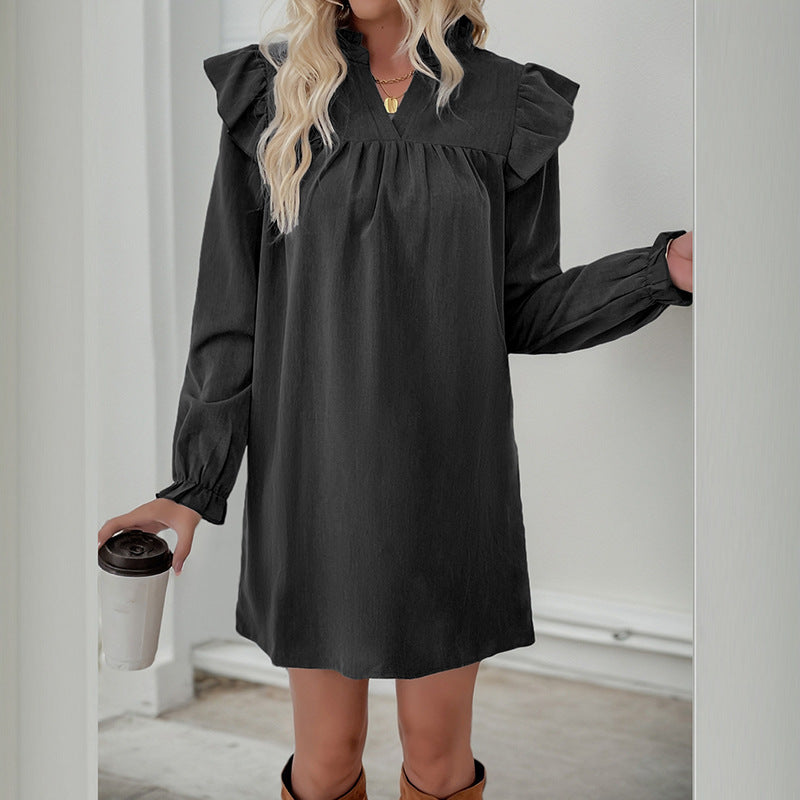Damen Rüschen-A-Linien Kleid mit geraffter Brust und V-Ausschnitt EB