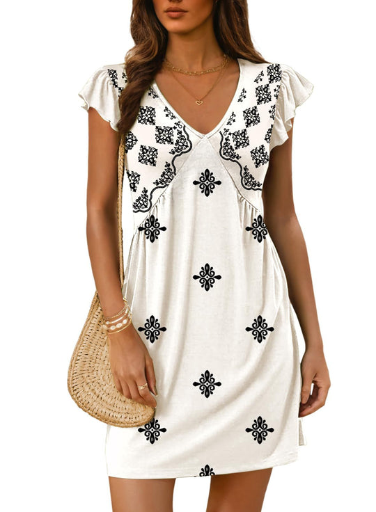 Damen luftiges sommerliches Kleid mit floralem Muster und V-Ausschnitt EB