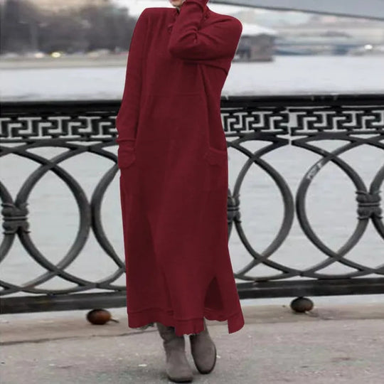 Damen nan langes Strickmaxikleid mit Seitenschlitzen und aufgesetzten Taschen EB