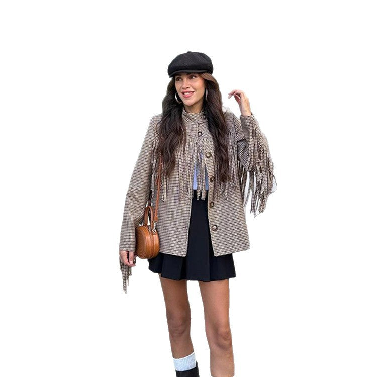 Damen Oversized Jacke mit Fransen und Karomuster EB