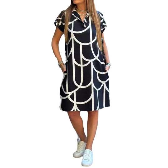 Damen nan legeres Hemdblusenkleid mit V-Ausschnitt, kurzen Umschlagärmeln und grafischem Alloverprint EB