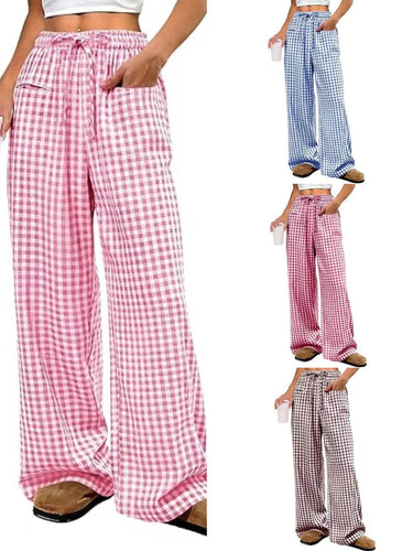 Damen Weit geschnittene Karohose mit elastischem Bund und praktischen Taschen EB