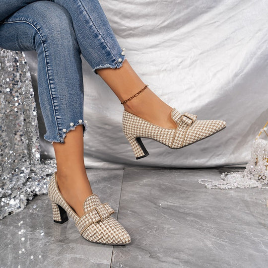 Damen elegante Pumps mit ausgefallenem Karomuster und modischem Schleifendesign EB