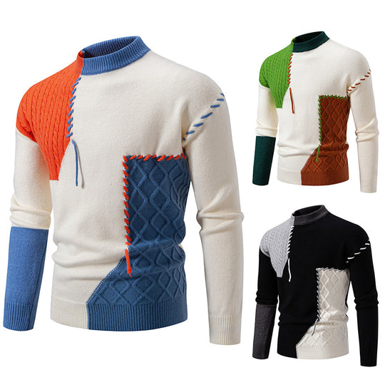 Herren modischer Strickpullover mit kreativen Zopf- und Farbblockdesign EB