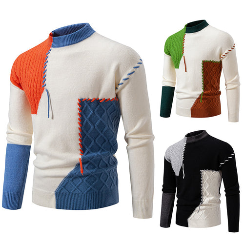 Herren modischer Strickpullover mit kreativen Zopf- und Farbblockdesign EB