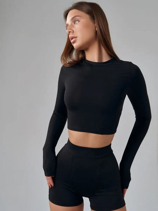 Damen sportliches Crop-Top mit langem Arm und Daumenlöchern EB