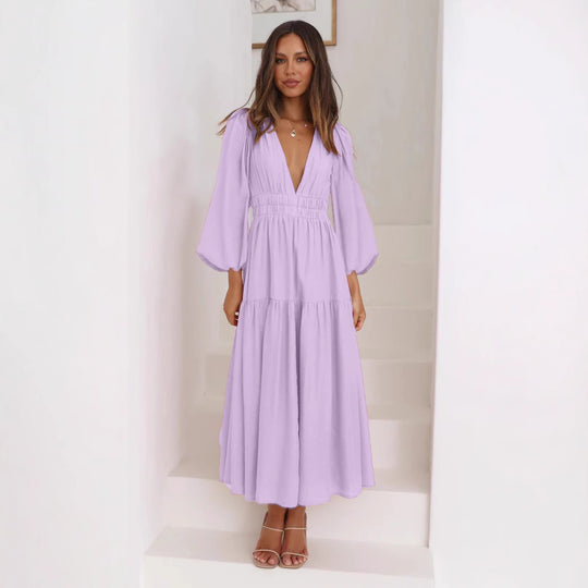 Damen Langarm Maxikleid mit tiefem V-Ausschnitt und weitem Rock EB