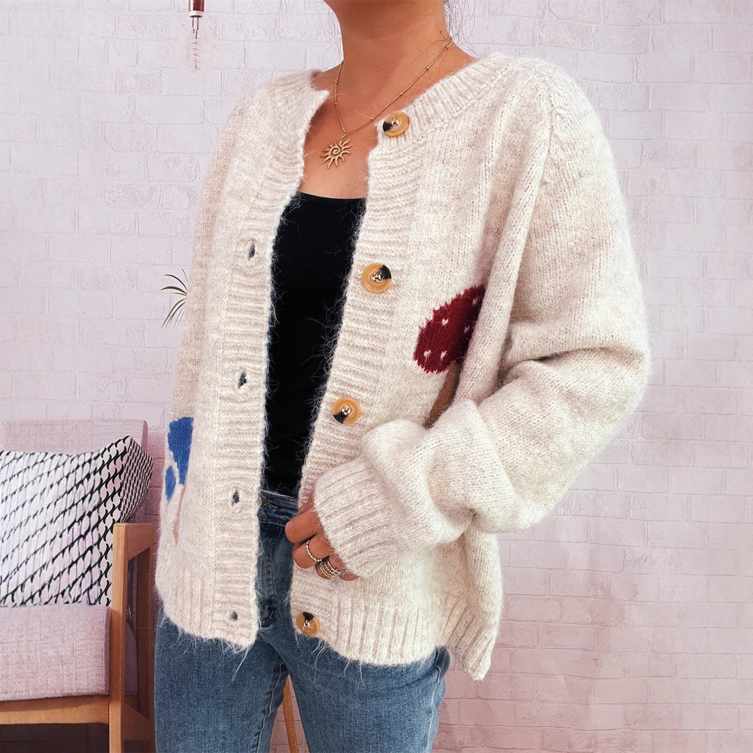 Damen Strickjacke mit buntem Pilzmotiv und Knopfdetails EB
