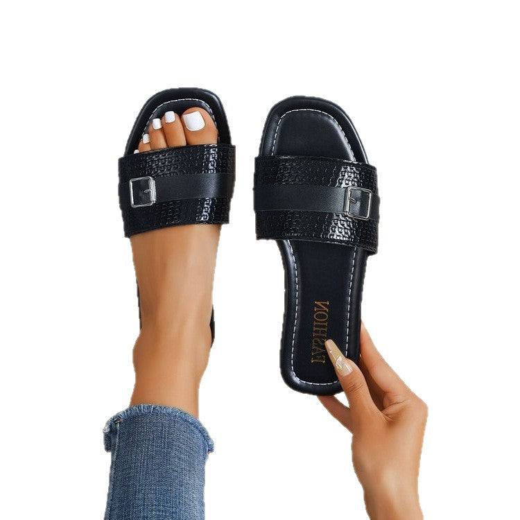 Damen modische Riemensandalen mit breitem Riemendesign und eleganter Schnallen-Applikation EB