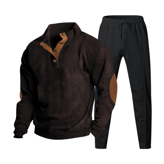 Herren nan strukturiertes Strick-Loungewear-Set mit halber Knopfleiste, kontrastreichen Ellbogenpatches und elastischem Tunnelzug-Jogger EB