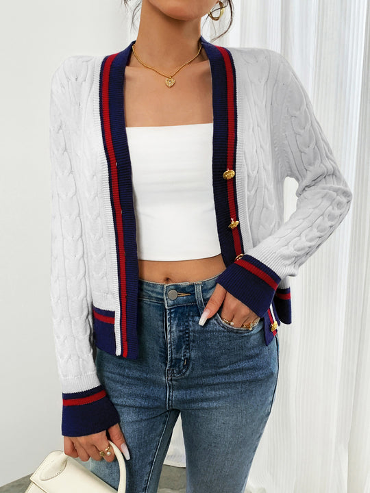 Damen modische Strickjacke mit strukturiertem Zopfdesign und Kontrastbündchen EB