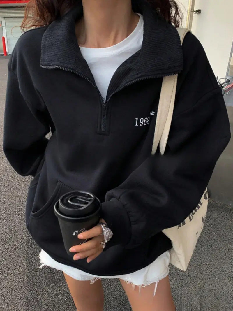 Damen nan oversized Halbzip-Sweatshirt mit hohem Stehkragen, Kängurutasche und lässigem Oversize-Schnitt EB