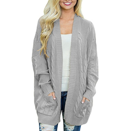 Damen lässige Strickjacke mit Kabelmuster und großzügigen Taschen EB